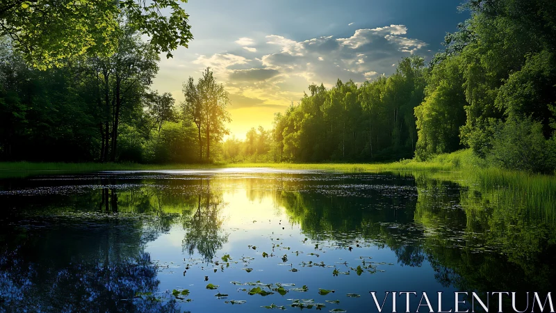 Quiet forest lake glowing under a soft golden sunset.