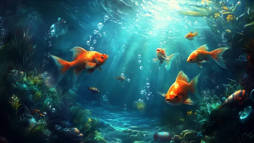 Sun-dappled goldfish choir drifting through sapphire quiet.