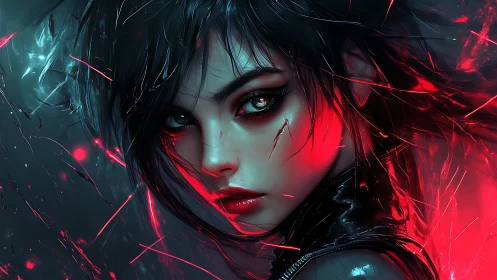 Chromatic cyber-noir portrait of scarred neon sentinel.