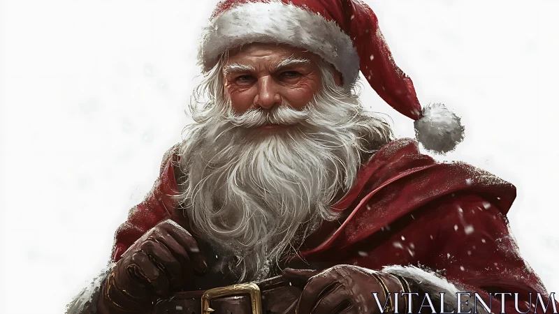 Jolly Santa Claus smiles warmly in a softly falling snowfall