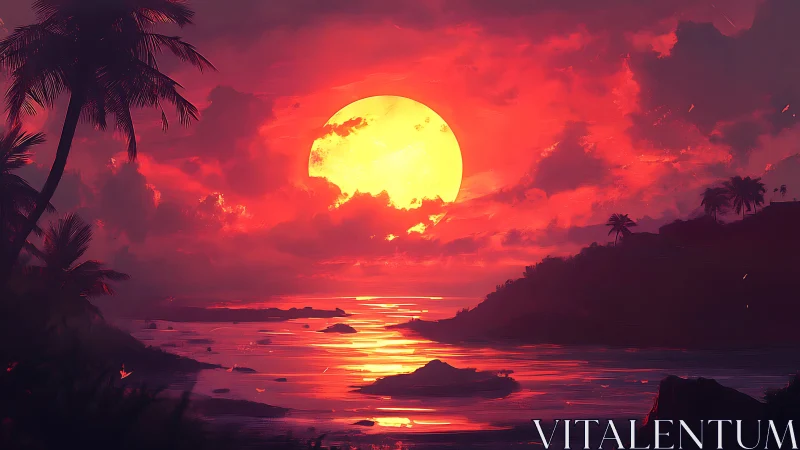 Molten sunset sphere devours the horizon above quiet tropics