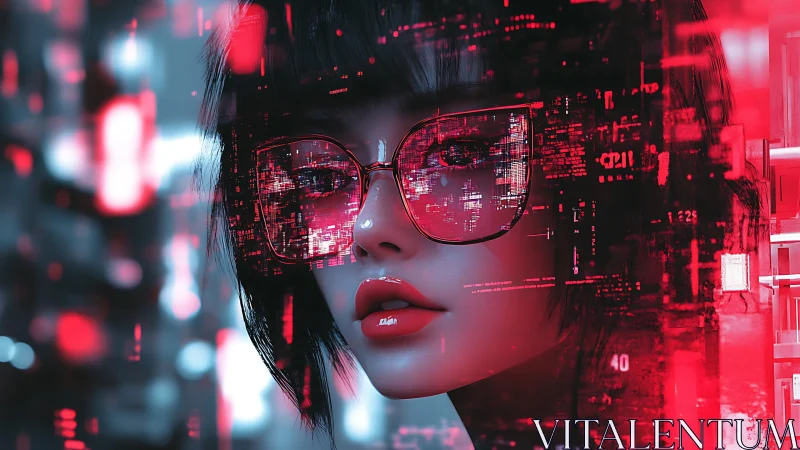 Cybernetic portrait merges neon HUD overlays with reflective glasses