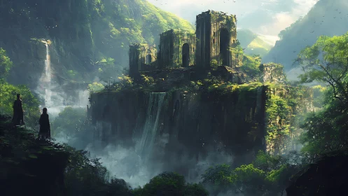 Ancient jungle citadel over waterfalls and misted gorge.