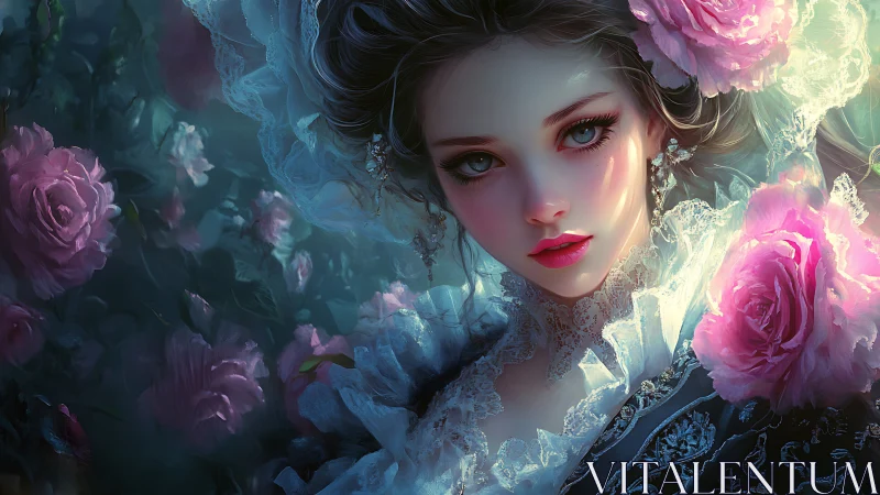 Portrait of a young woman in lace with surrounding roses.