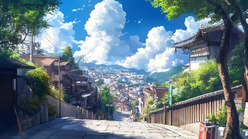 Sunny hillside street overlooking distant townscape.