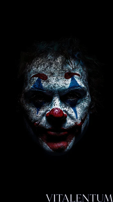 Sinister clown portrait emerges from deep black background
