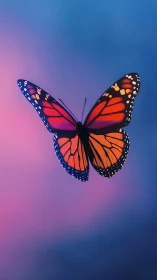 Monarch butterfly glows against dreamy pink and blue sky.