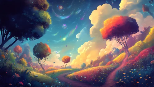 Curved path crosses a colorful meadow under luminous sky