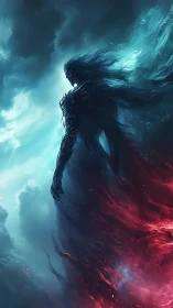 Dark humanoid silhouette stands amid contrasting energy clouds