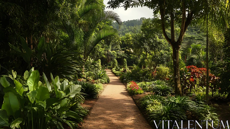 Tropical garden path under soft daylight with lush foliage