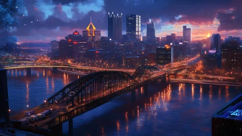 Neon city skyline glows over river bridges at dusk