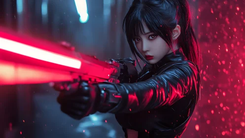 Woman in black tactical suit with red energy rifle poised.