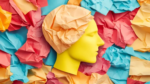 Yellow mannequin head lies among multicolored crumpled paper