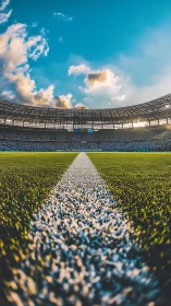 Sweeping stadium view along a sunlit central touchline.