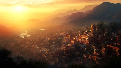 Sunlit hill-town temple glowing in a river of molten dusk.