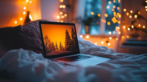 Laptop portal turns a cozy bedroom into glowing winter dusk