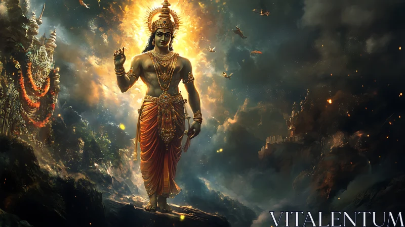 Divine humanoid figure radiates light amid stormy mythic landscape