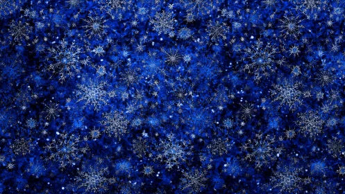 Glistening silver snowflakes twinkling on a deep blue night.
