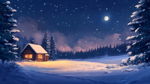 Snowy forest cabin under moonlit winter night sky.