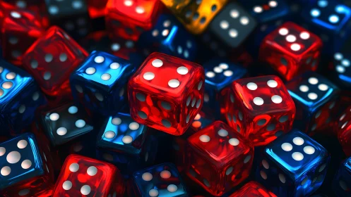 Glowing red and blue dice tumbling in playful color chaos.