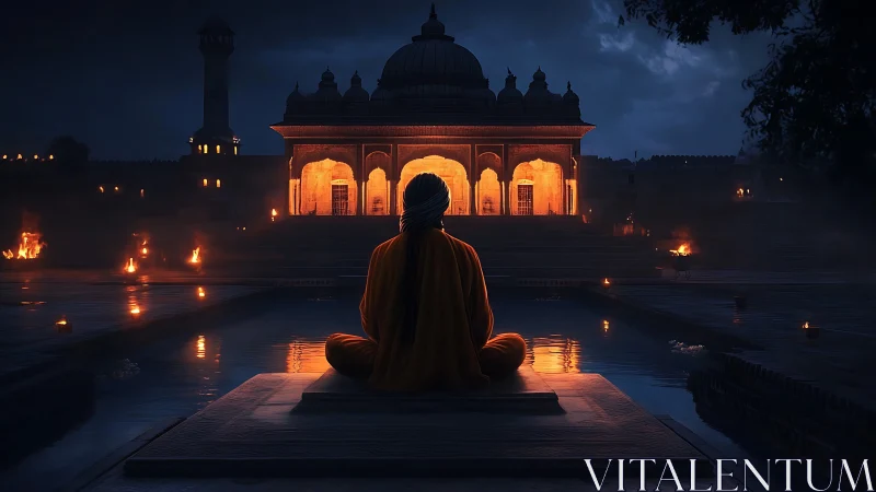 Solitary monk contemplates a glowing temple at night.
