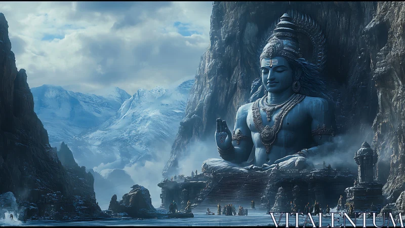 Peaceful mountain god watching over a misty frozen valley.