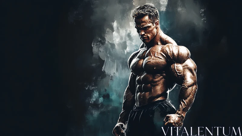 Bodybuilder study in dramatic chiaroscuro and teal accents.