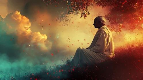 Digital painting of meditative figure in fiery atmospheric field.