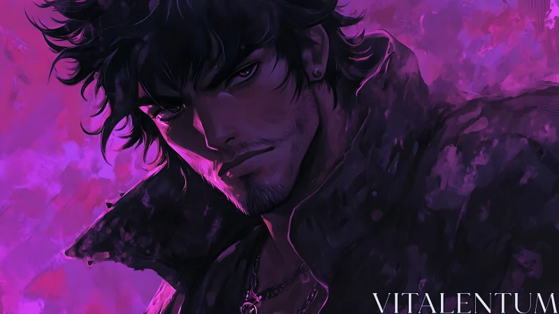 Brooding nightwanderer drowned in electric magenta haze.