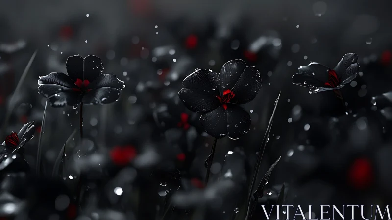 Midnight black flowers with red cores in soft rainfield.