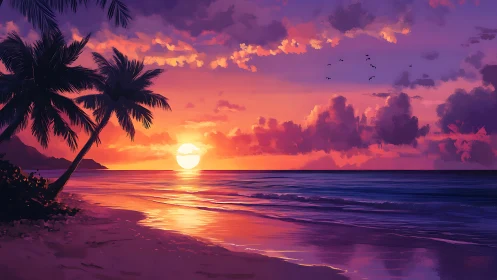 Tropical shoreline sunset with palm silhouettes and vivid clouds