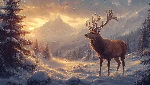 Sunlit stag stands in snowy alpine valley under glowing peak