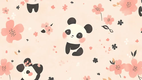 Playful cartoon pandas with soft pink floral pattern.
