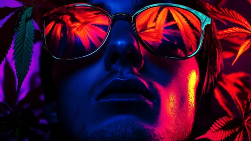 Neon portrait with cannabis leaves reflected in sunglasses.