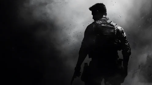 Silhouetted armed soldier in dense monochrome battlefield.