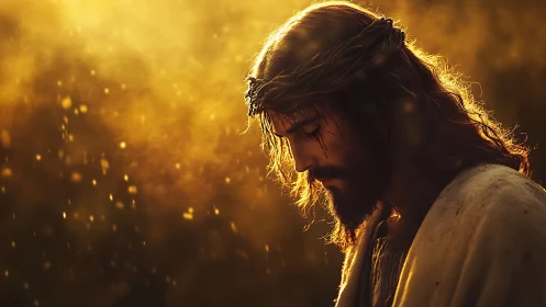 Crowned figure in golden backlight, solemn downward gaze.