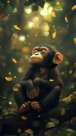 Young chimpanzee resting on forest branch with foliage around.
