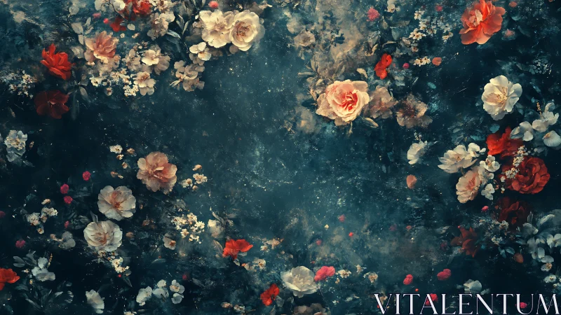 Dark floral background with scattered roses and petals.