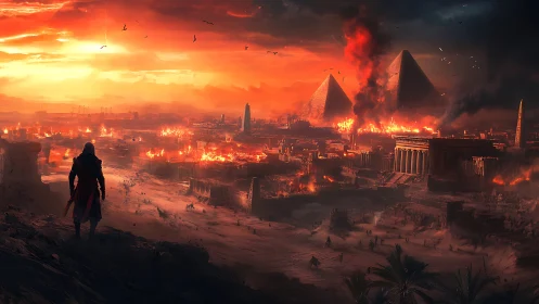 Hooded lone figure surveying burning pyramids at sunset war
