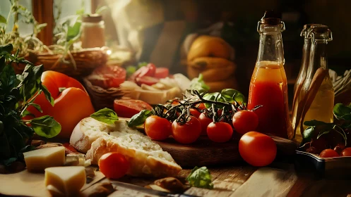 Rustic still life with tomatoes, cheese, herbs, warm light.