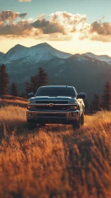 Off-road pickup truck framed by golden meadow and peaks