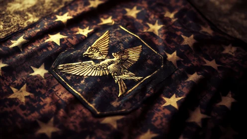 Embroidered golden eagle crest rests on worn star field