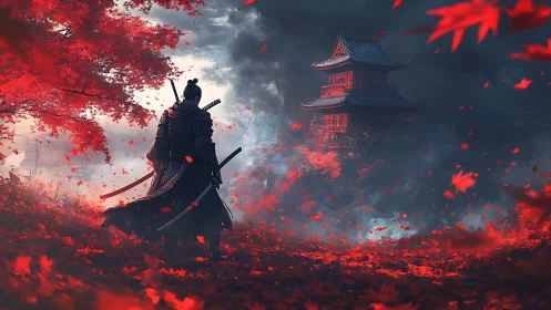 Samurai observes distant pagoda amid dense red foliage