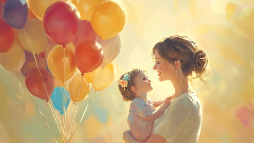 Golden Hour Magic: Mother & Child Dancing Among Rainbow Balloons.