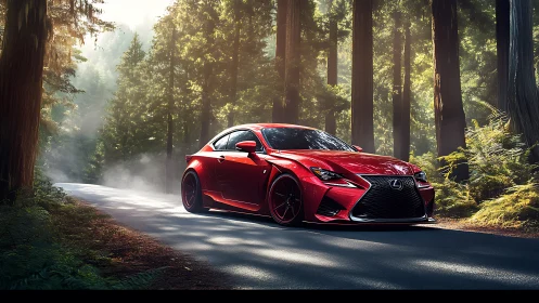 Red Lexus coupe slices through misty forest road at dawn