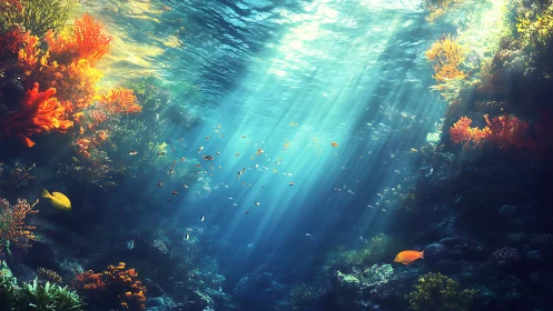 Sunlit coral reef scene with schooling tropical fish.