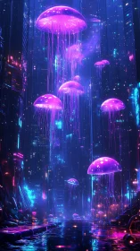 Neon jellyfish drift through glowing cyberpunk city.