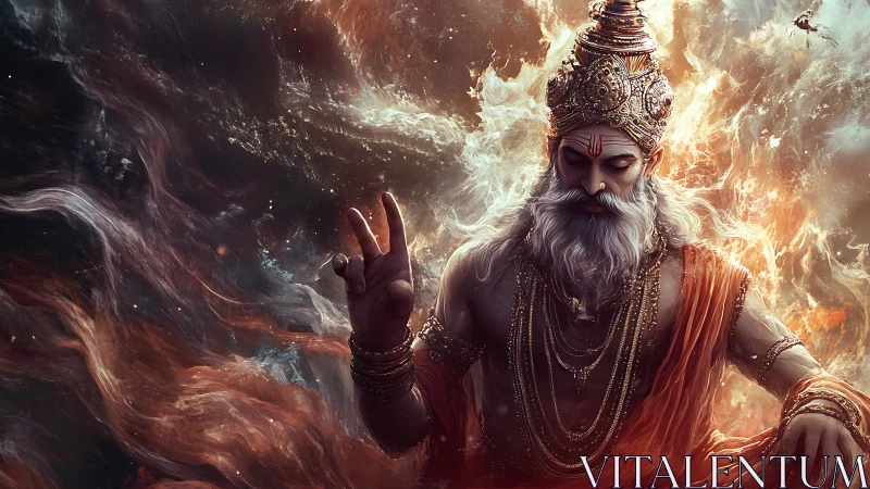 Serene bearded deity in ornate crown amid swirling fire.