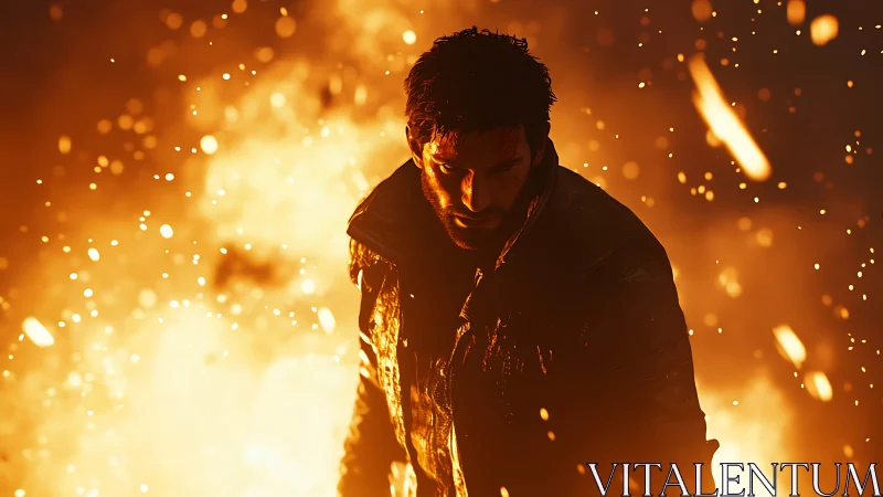 Lone male figure walking through heavy orange flames.