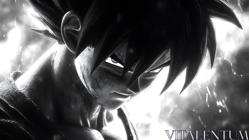 Monochrome close-up of spiky-haired anime fighter figure.